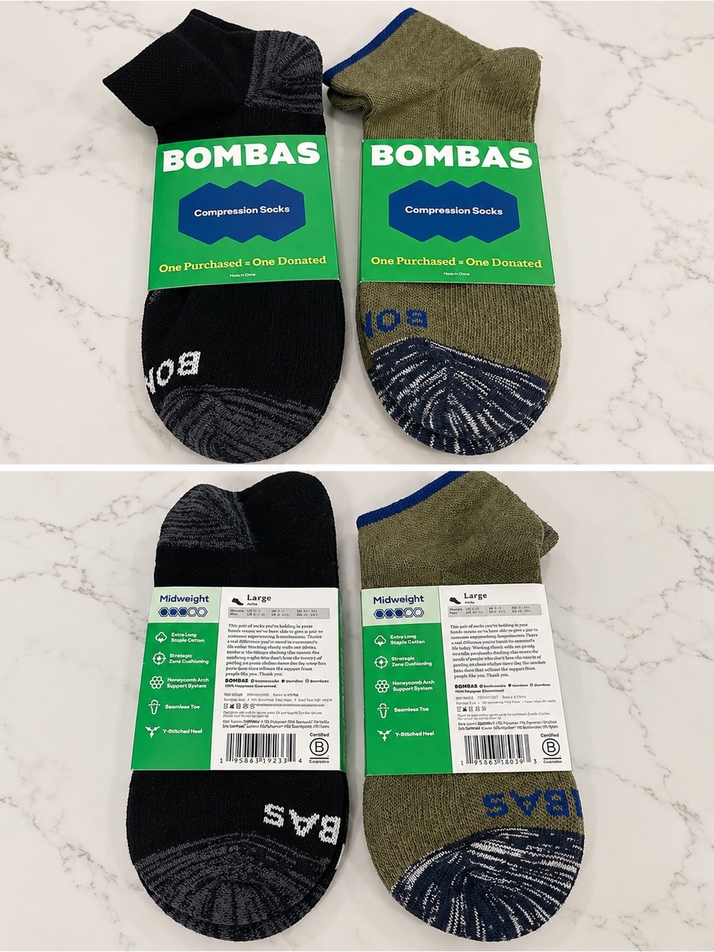 Bombas Midweight Compression Ankle Socks, Size Large, Black and Olive